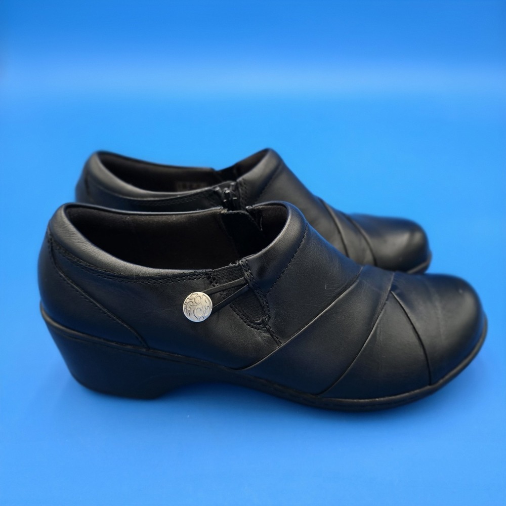 Clarks Channing Ann Loafer Womens Sz 8.5 M Black Leather Zipper Button Shoe EUC‎